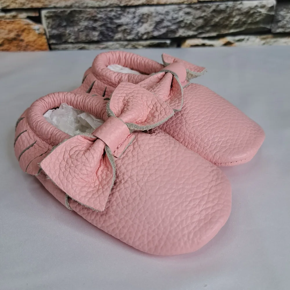 Baby Girl Pink-Pearly Bow Moccasins - Soft Slip-On Infant Shoes New